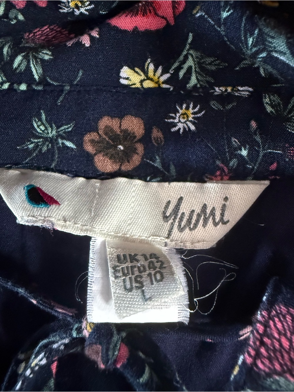 Yumi Navy Floral Lined Long Sleeve Dress Tie Neck Ruffle Pleated Mini Short L/10 - Picture 7 of 10